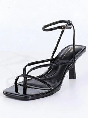 Black Strappy Square-Toe Kitten Heel Sandals Women's Size 10, 90s Minimalist
